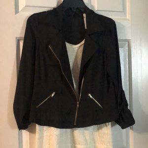 Super cute thin black jacket with white lace tank top